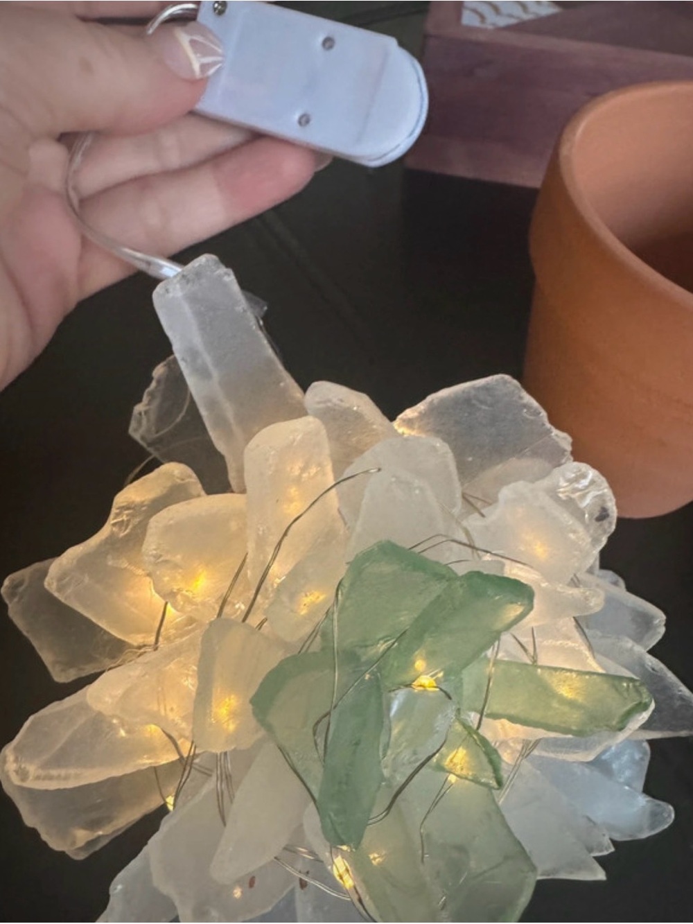 Handmade lit up Sea Glass Succulent Tabletop Decor - White & Green - Picture 2 of 2